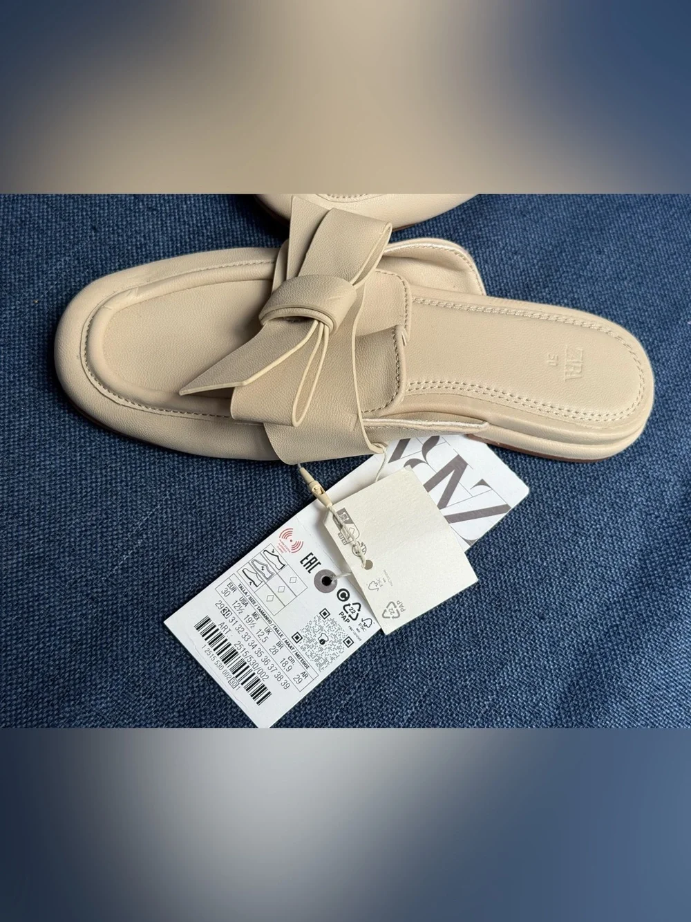 Zara Kids NWT Bow Flat Mules Beige Faux Leather Slip On Loafer Shoes Size US 12.